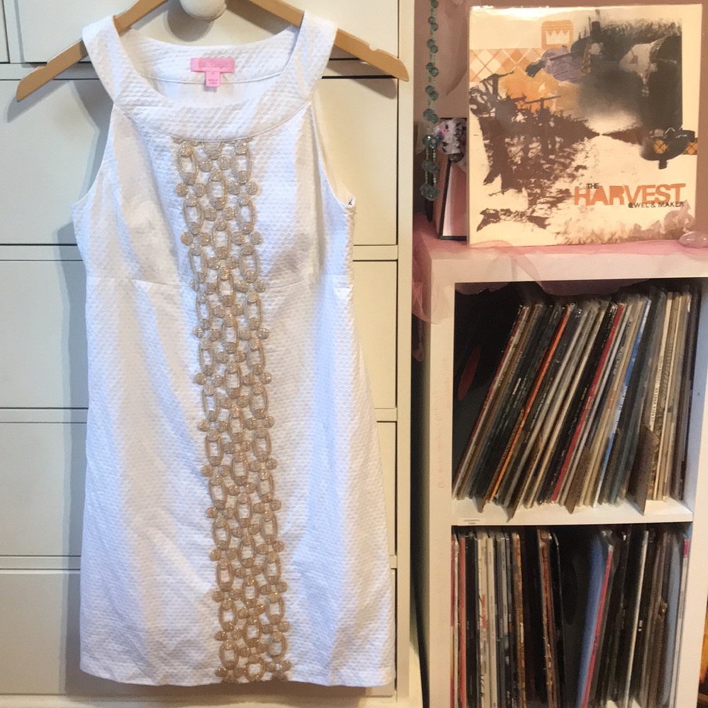 Lilly Pulitzer Jacqueline Shift Dress White Graduation Bridal Bachelorette Gold